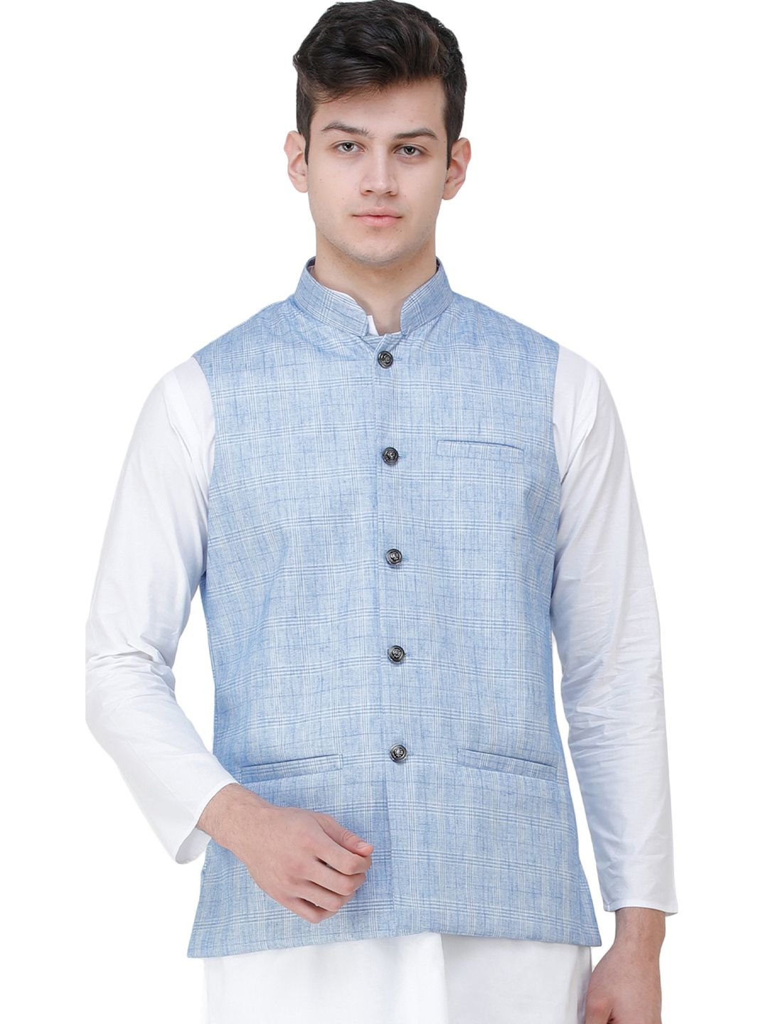 Exotic India Placid Blue Double Check Pattern Nehru Jacket with Front Pockets