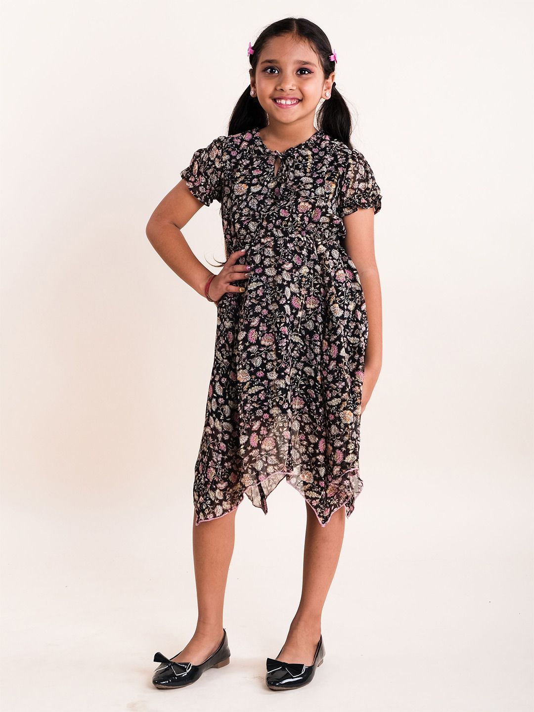 KiddoPanti Floral Print Keyhole Neck Georgette Fit & Flare Midi Dress