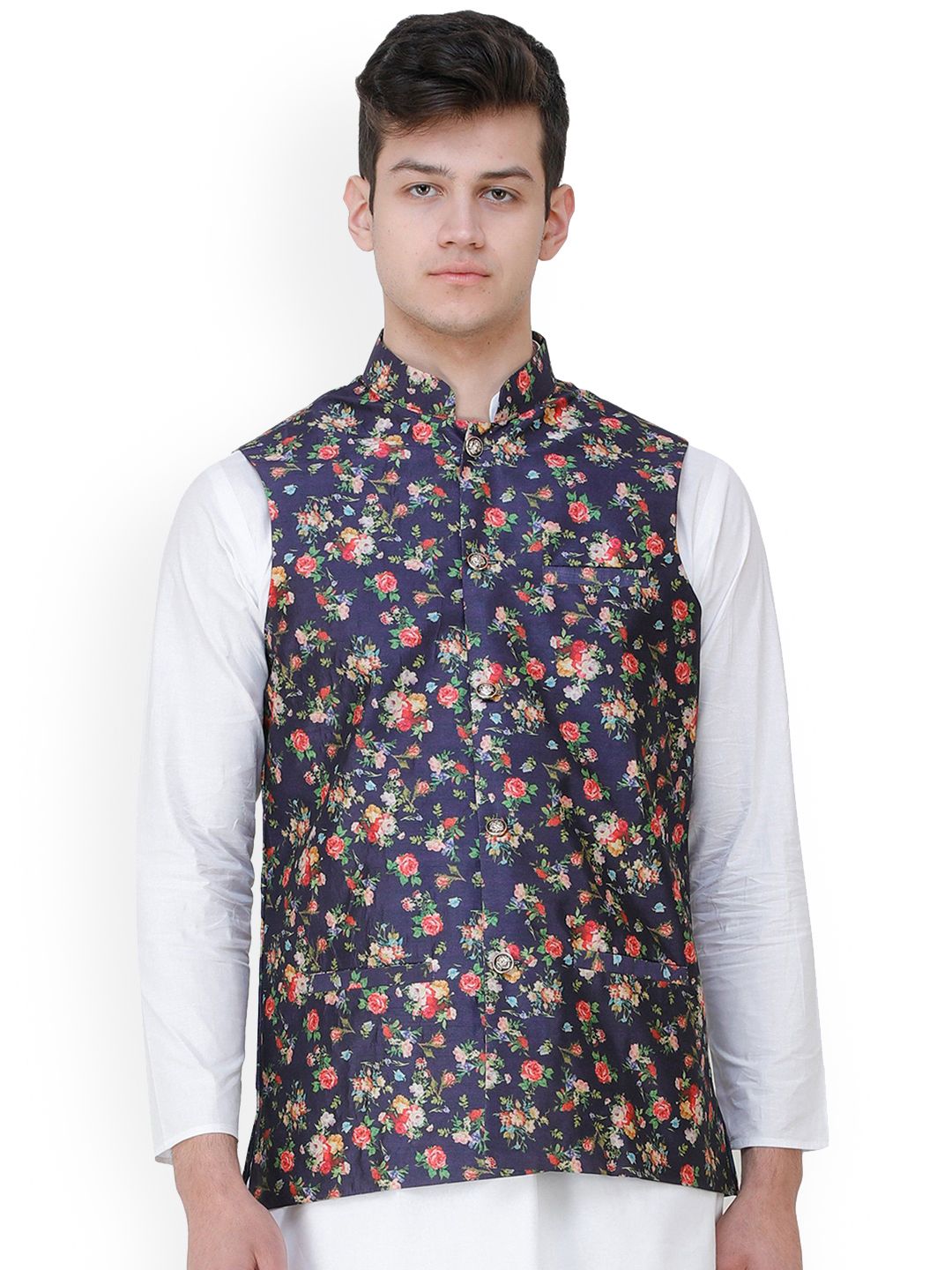 Exotic India Navy Blue Wedding Waistcoat with Digital-Printed Florals all over