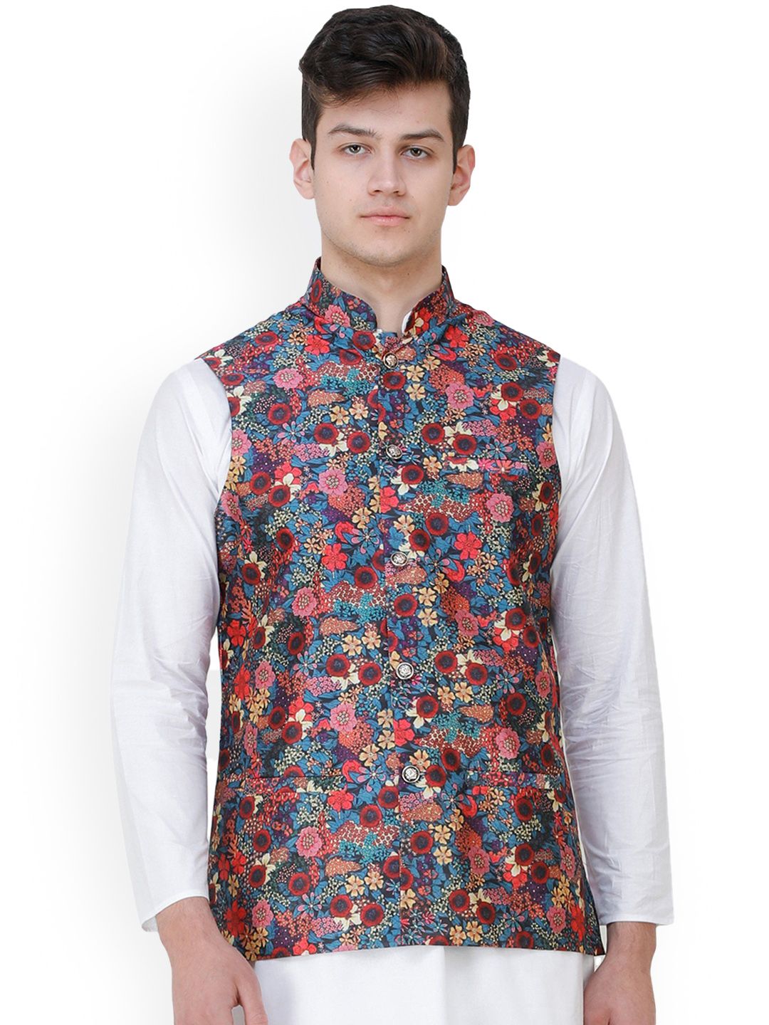 Exotic India Provincial-Blue Wedding Waistcoat with Digital-Printed Florals all over