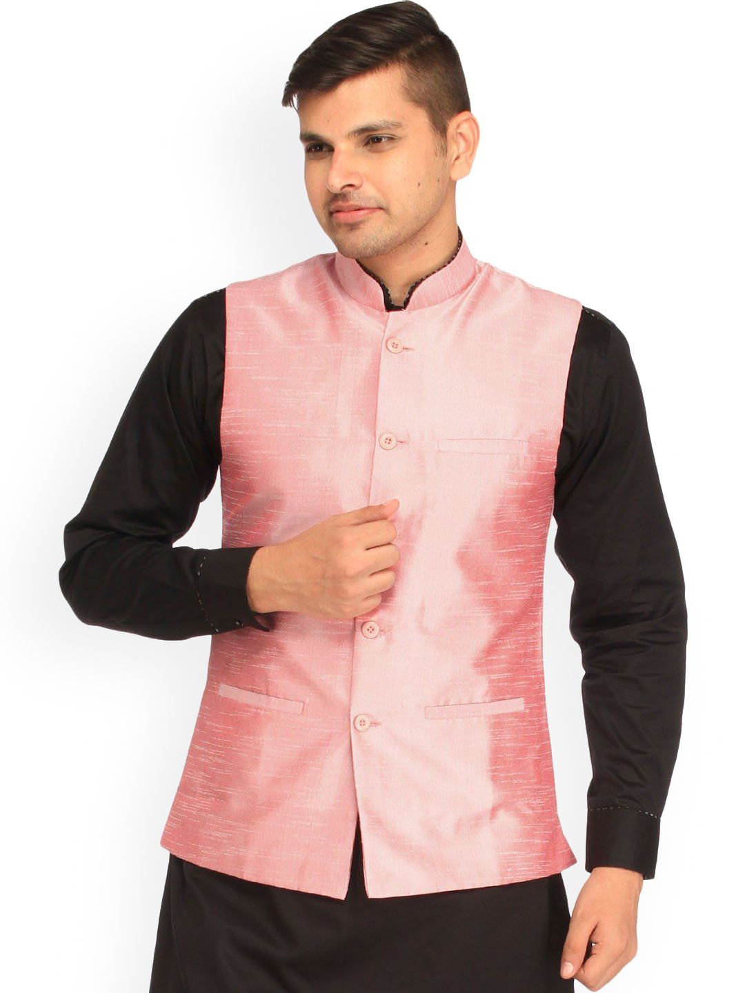 Exotic India Strawberry Cream Art Silk Plain Wedding Waistcoat with Front Pockets