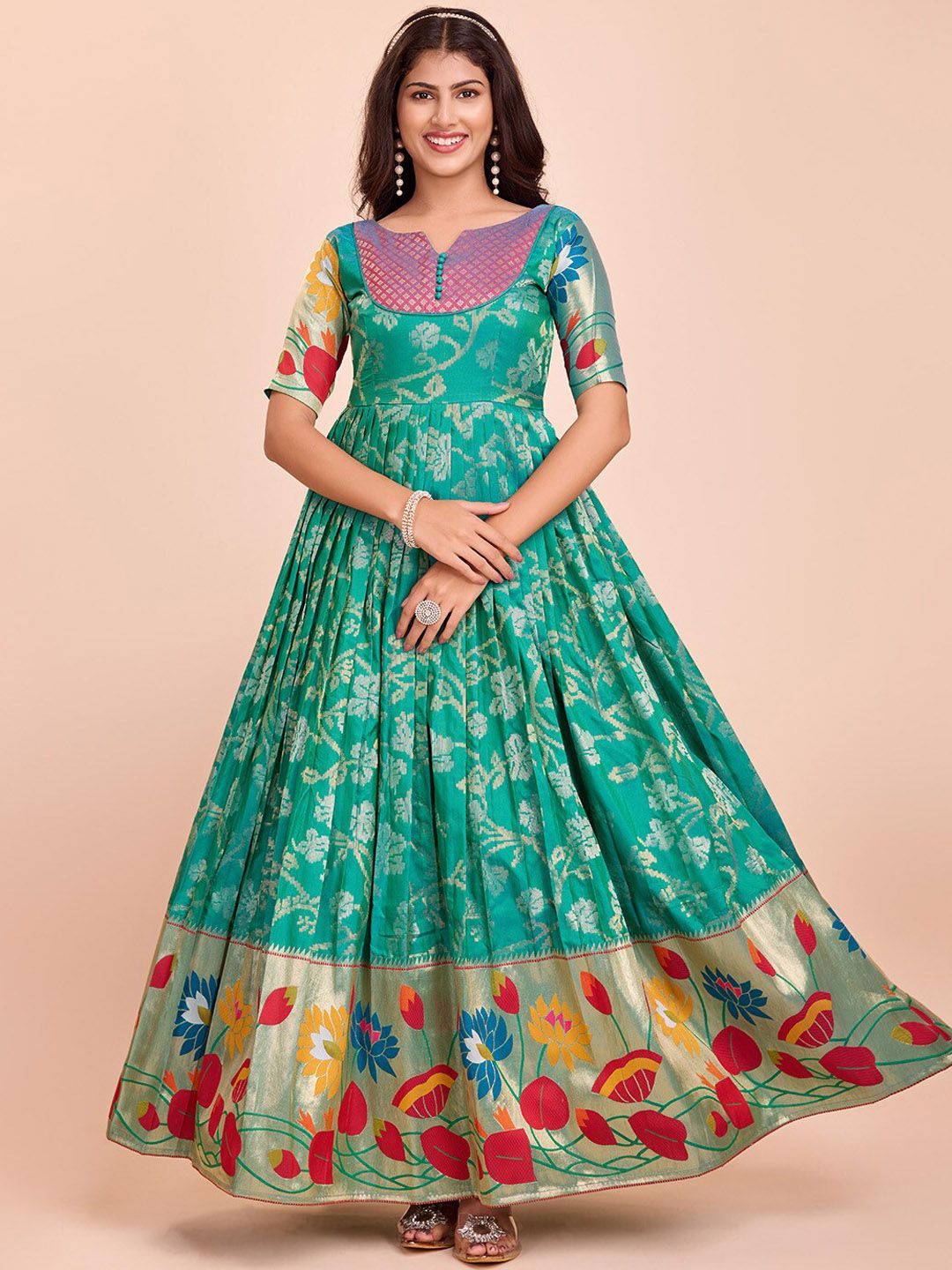 knee length dresses for ladies Fuchsia Festival' Gown with Banarasi Dupatta ( 1942 M-130)  ODHNI