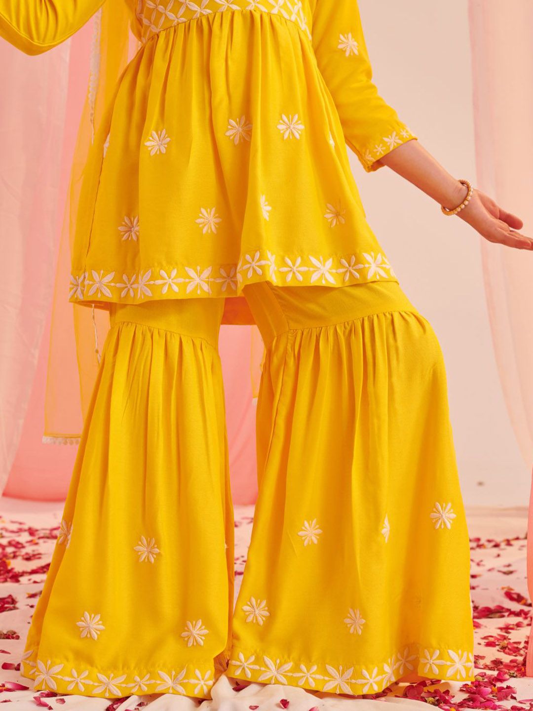 Pspeaches Kurti Con Sharara E Dupatta Per Ragazze - Cotone Puro Giallo Floreale