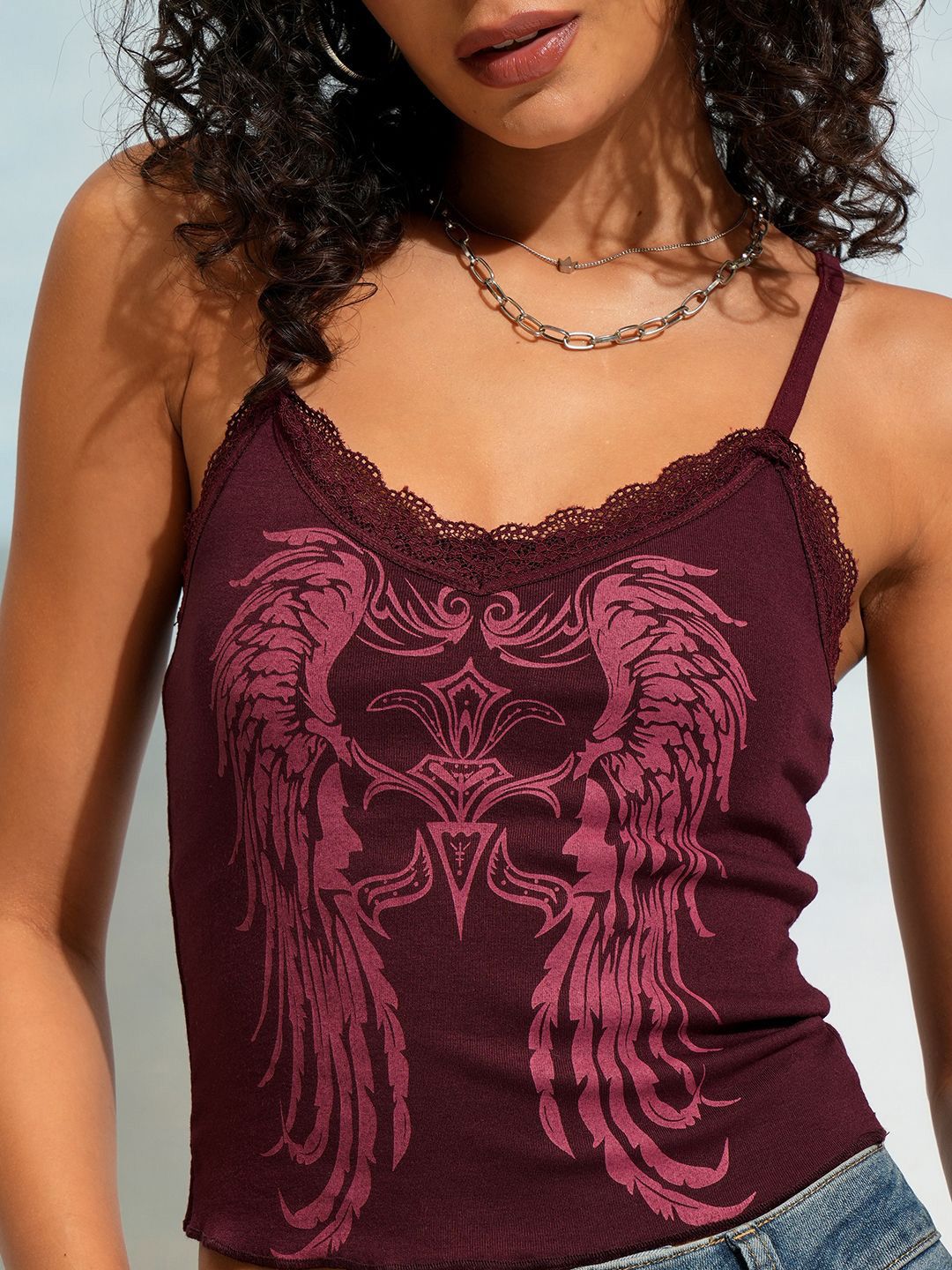 Buy Tokyo Talkies Burgundy Graphic Printed V-Neck Crop Top - Tops