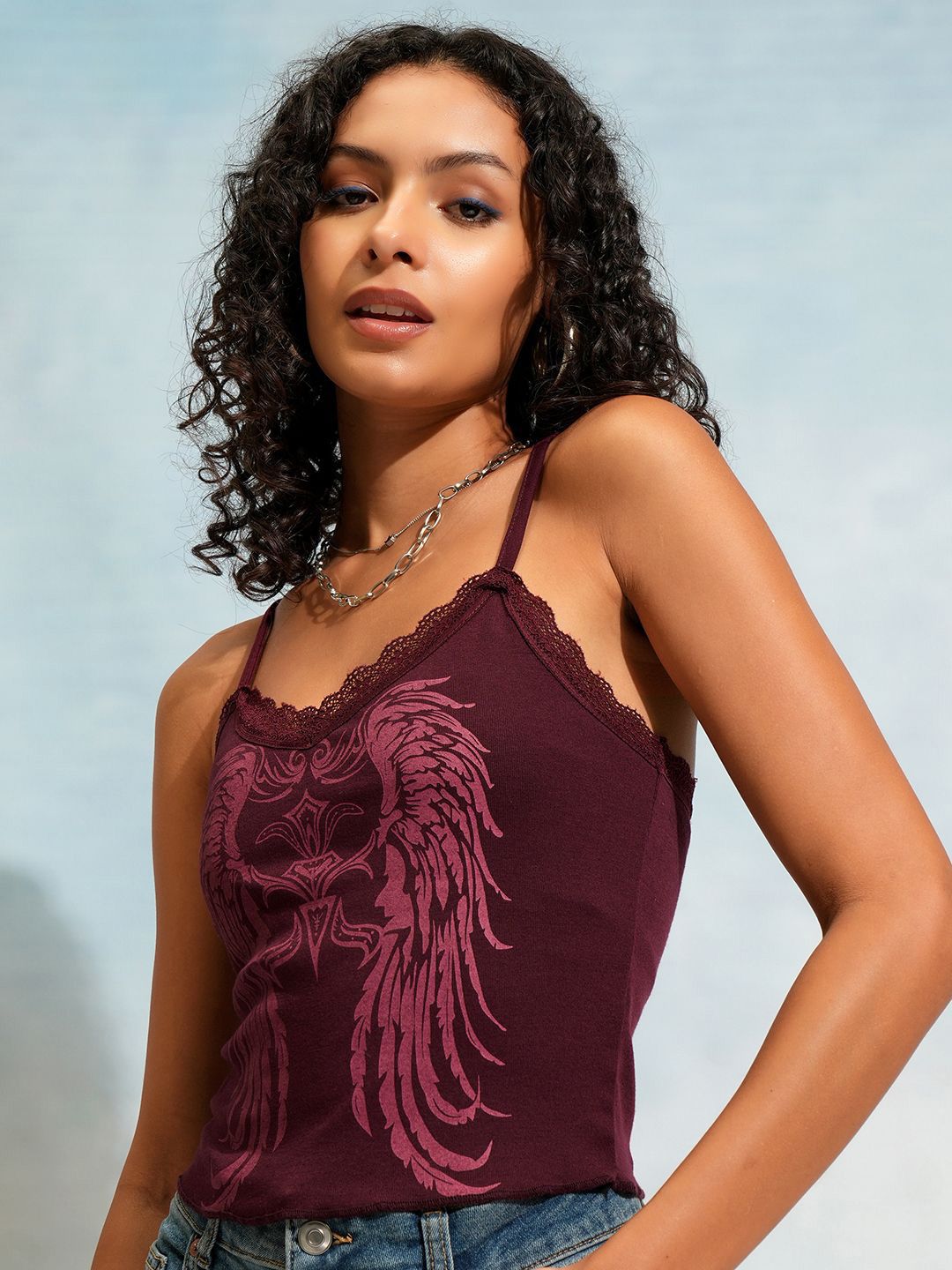 Buy Tokyo Talkies Burgundy Graphic Printed V-Neck Crop Top - Tops