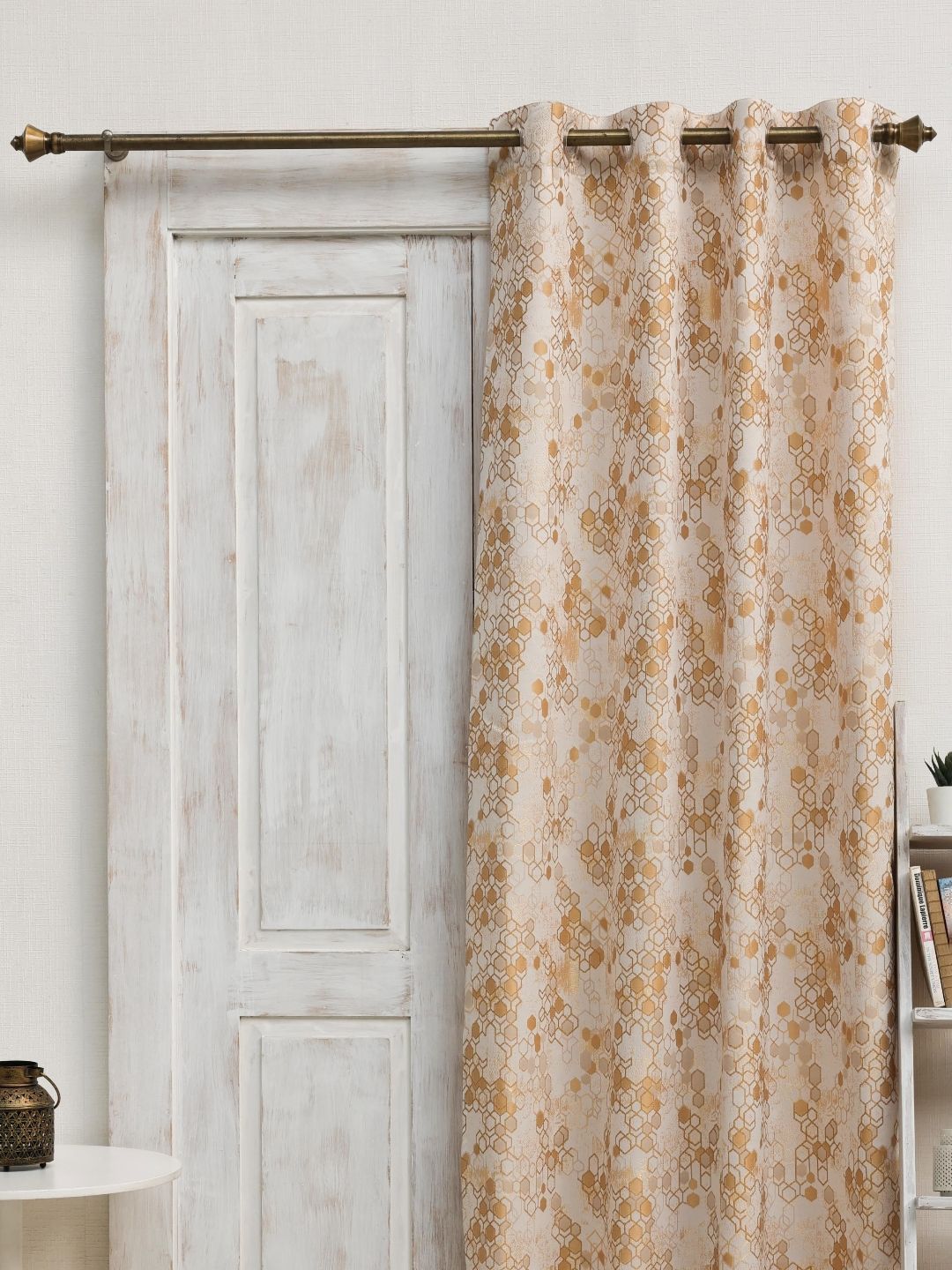 Ariana Gold Toned & White Geometric Printed Room Darkening Window Curtain