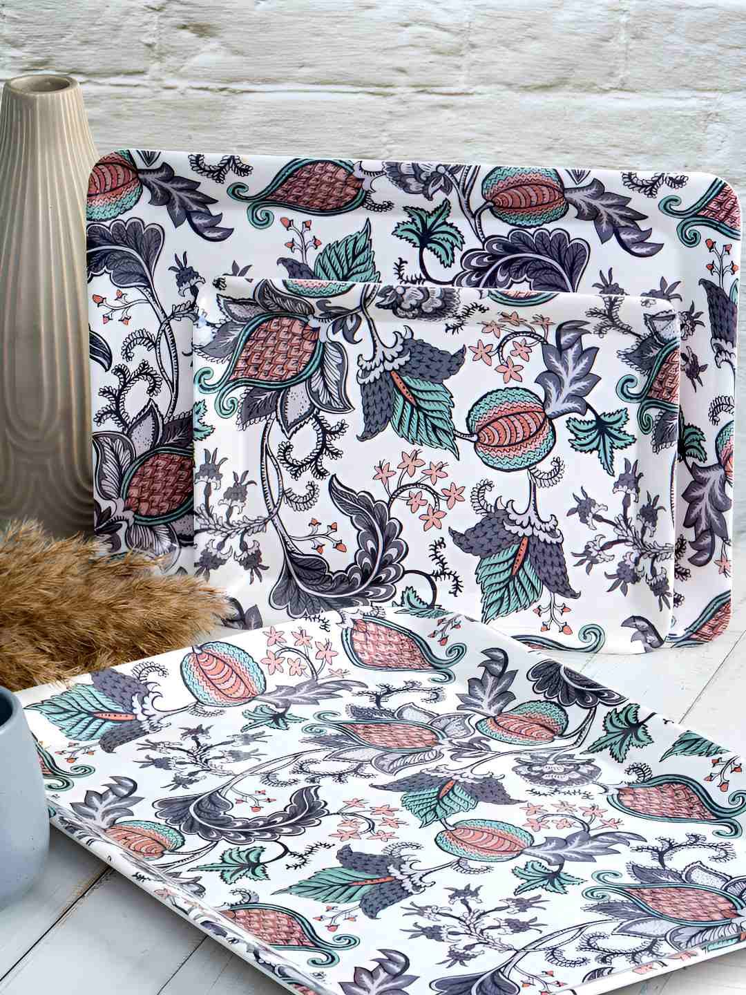 GOODHOMES White & Green 3 Pieces Printed Serving Tray Set