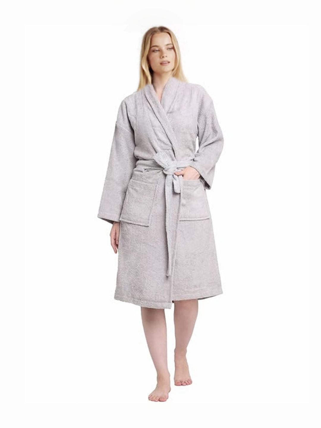 Bezzilish Home Women Grey Micro Terry Bath Robe With 2 Front Pockets