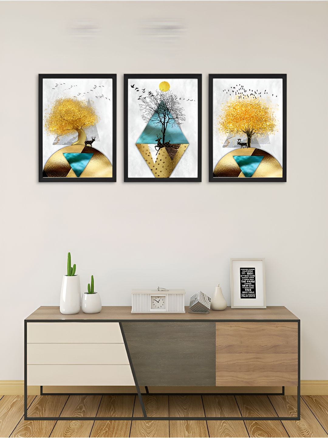 Giftii Yellow & Blue 3 Pieces Wooden Painting Wall Art