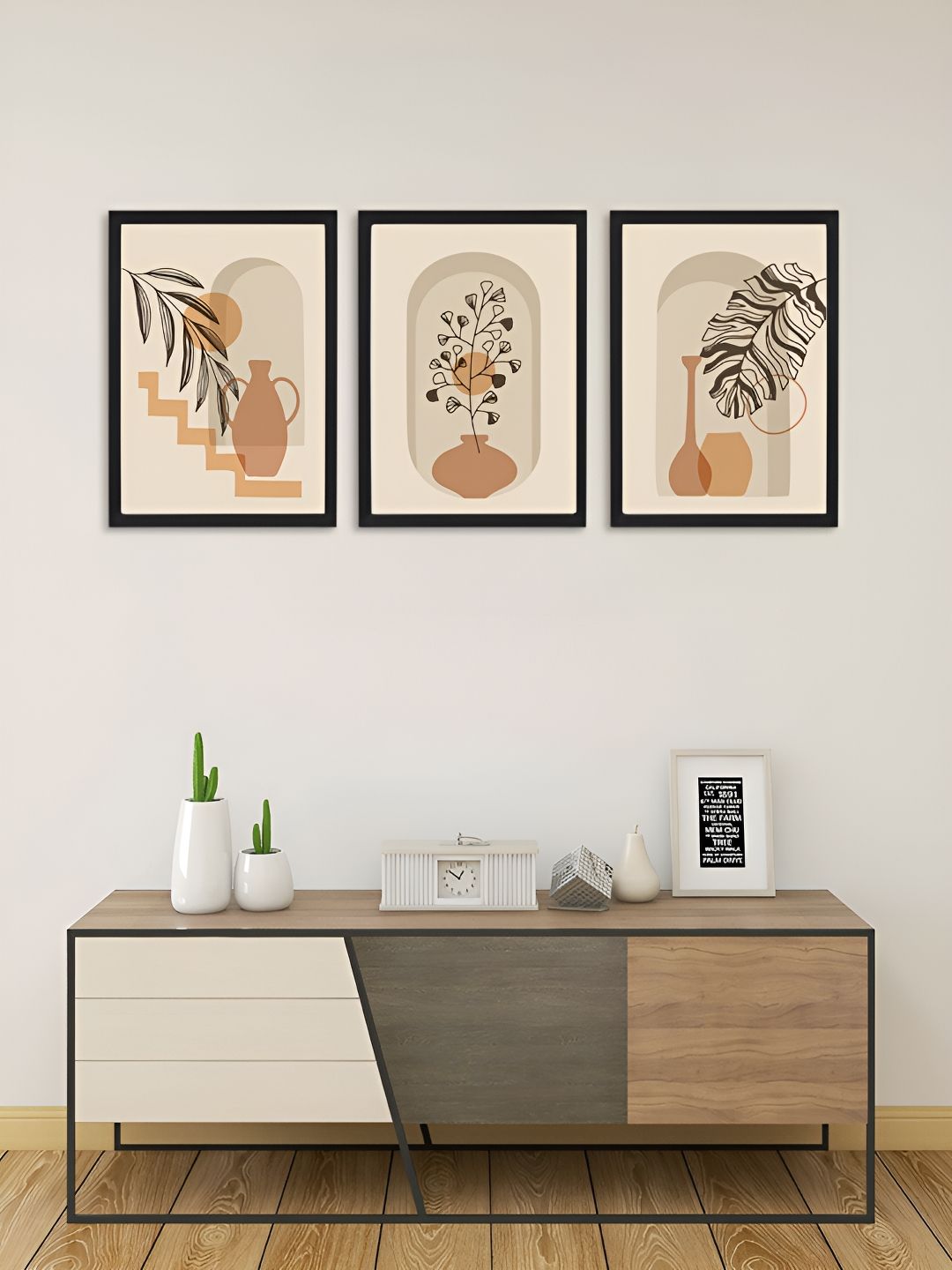 Giftii Brown & Black 3 Pieces Wooden Abstract Painting Wall Art