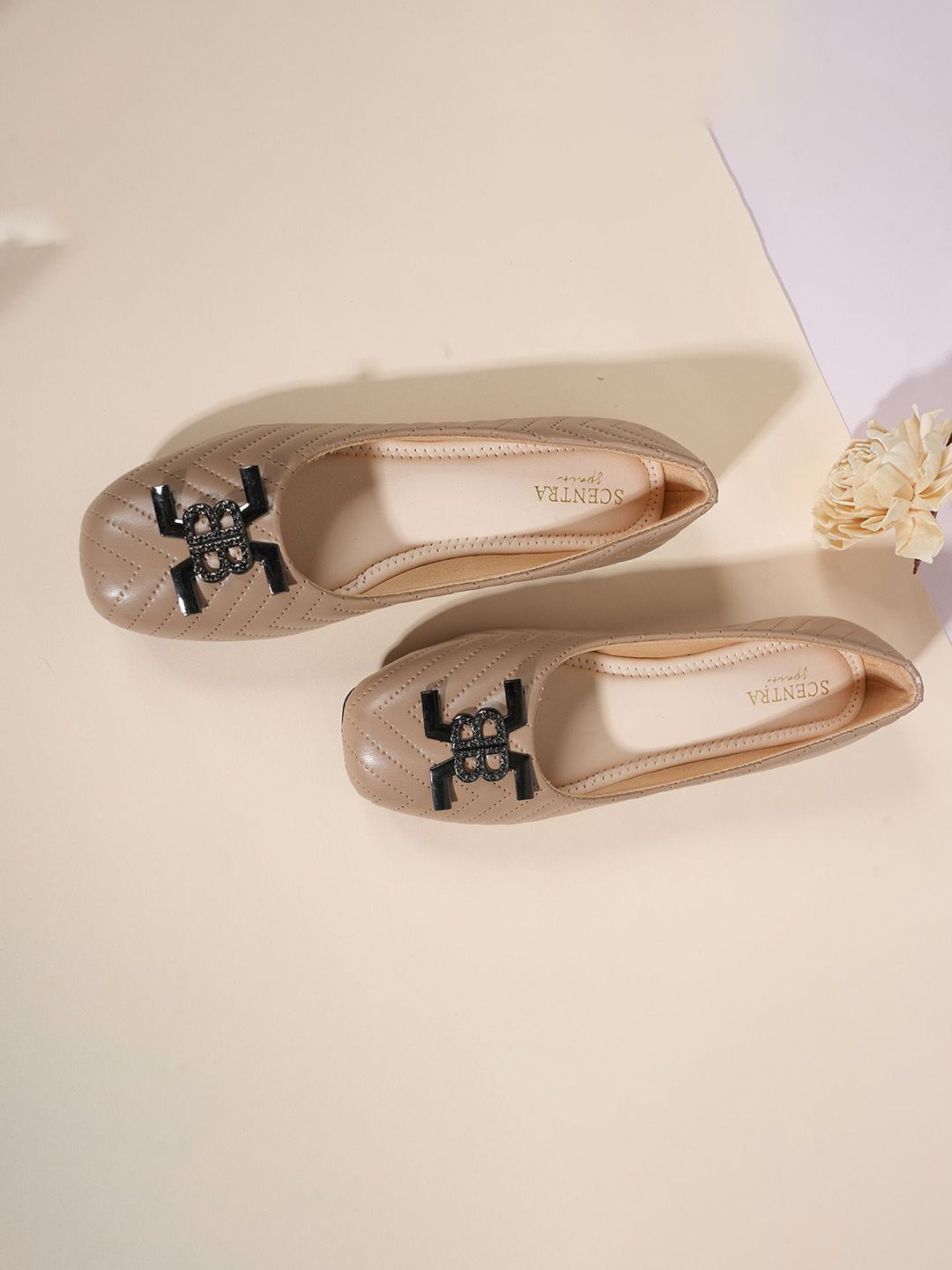 SCENTRA Textured Round Toe Ballerinas with Bows Flats