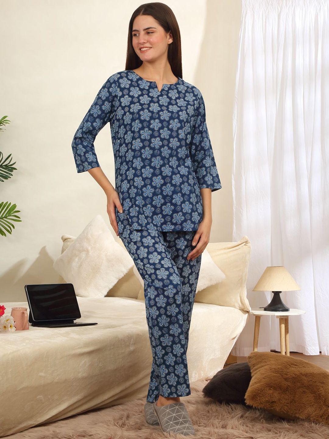 Sweet Dreams Blue Floral Printed Pure Cotton Kurti & Pyjama