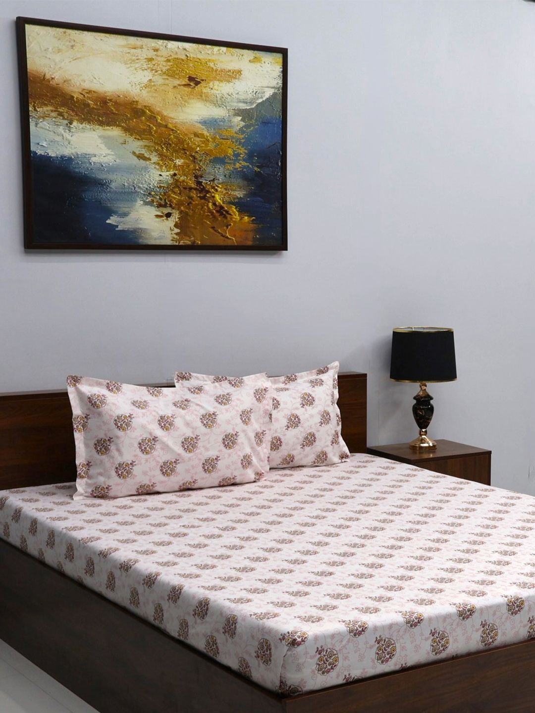 BOMBAY DYEING BOMBAY DYEING Mimosa White Floral Microfiber 160 TC Queen Bedsheet with 2 Pillow Covers-88 x 100 inches