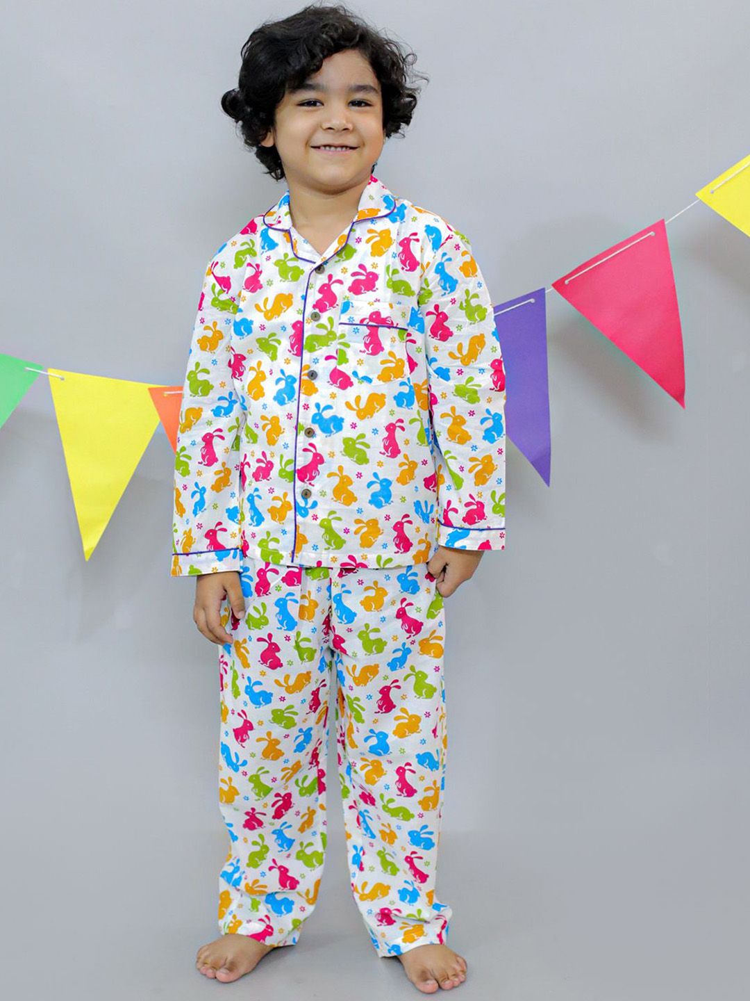 UNBIND Boys Printed Lapel Collar Pure Cotton Shirt With Pyjamas