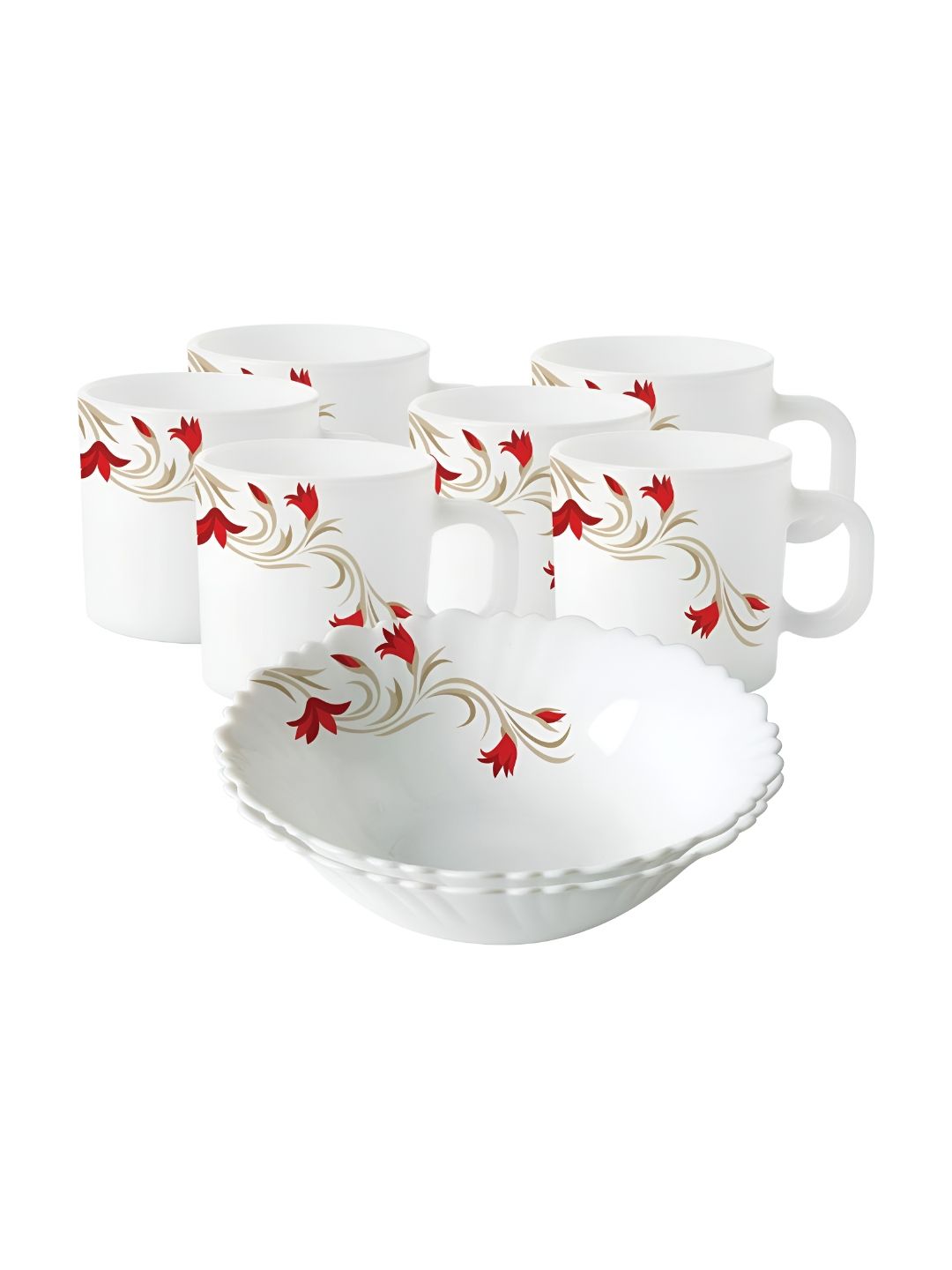 Larah by BOROSIL Fluted Series Lily White & Red 8 Pieces Printed Crockery Dinner Set