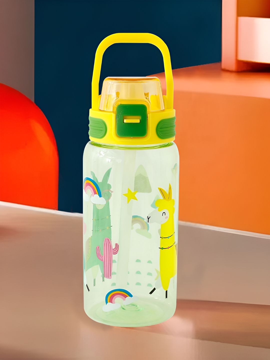 Kuber Industries Yellow Conversational Plastic Flip Top Water Bottle - 650ml