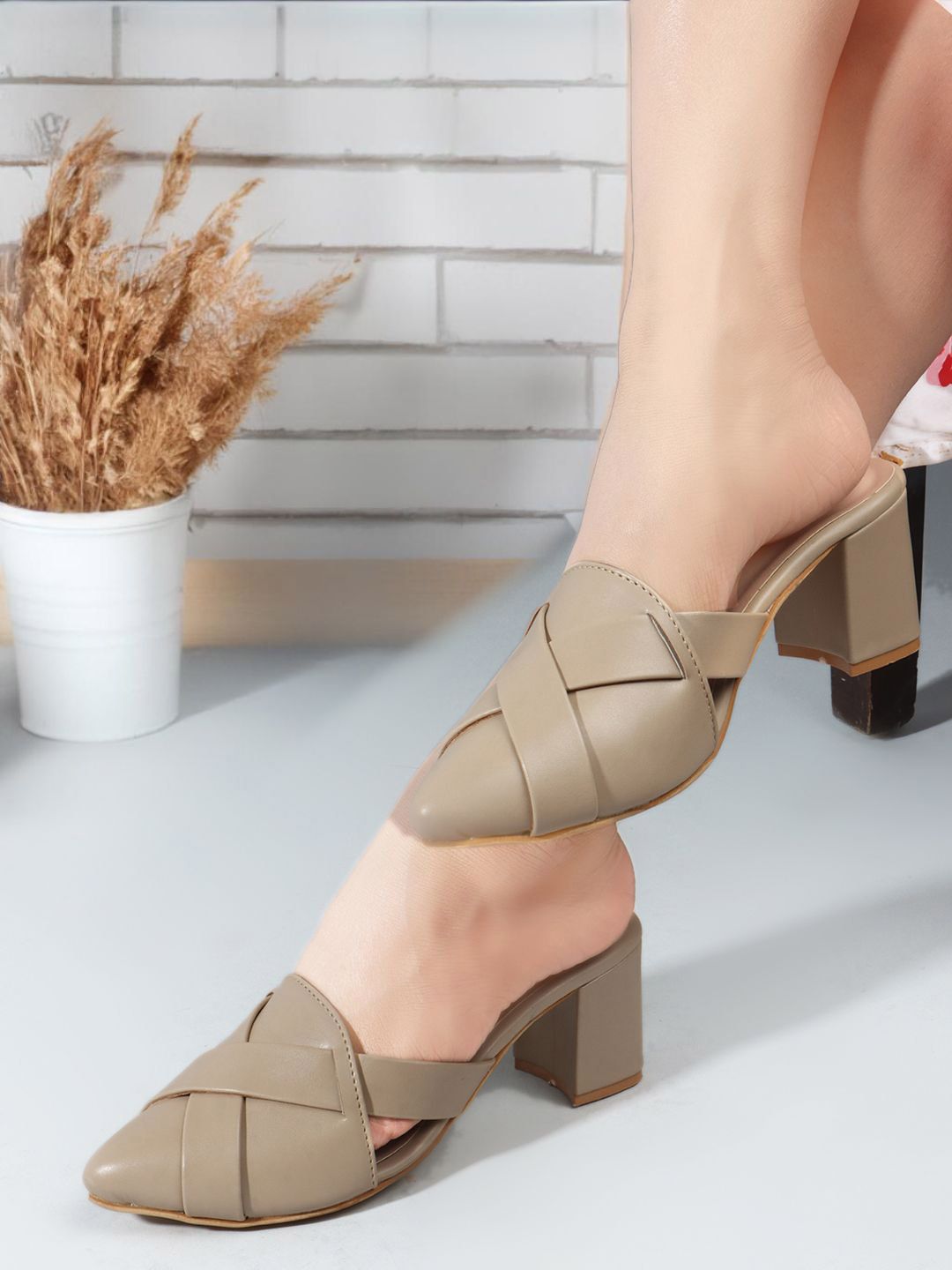 Mast & Harbour Beige Textured Pointed Toe Block Heeled Pumps