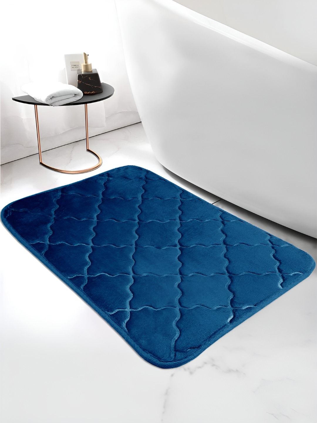Story@home Blue Textured Microfiber Anti Skid 210 GSM Rectangular Bath Rug