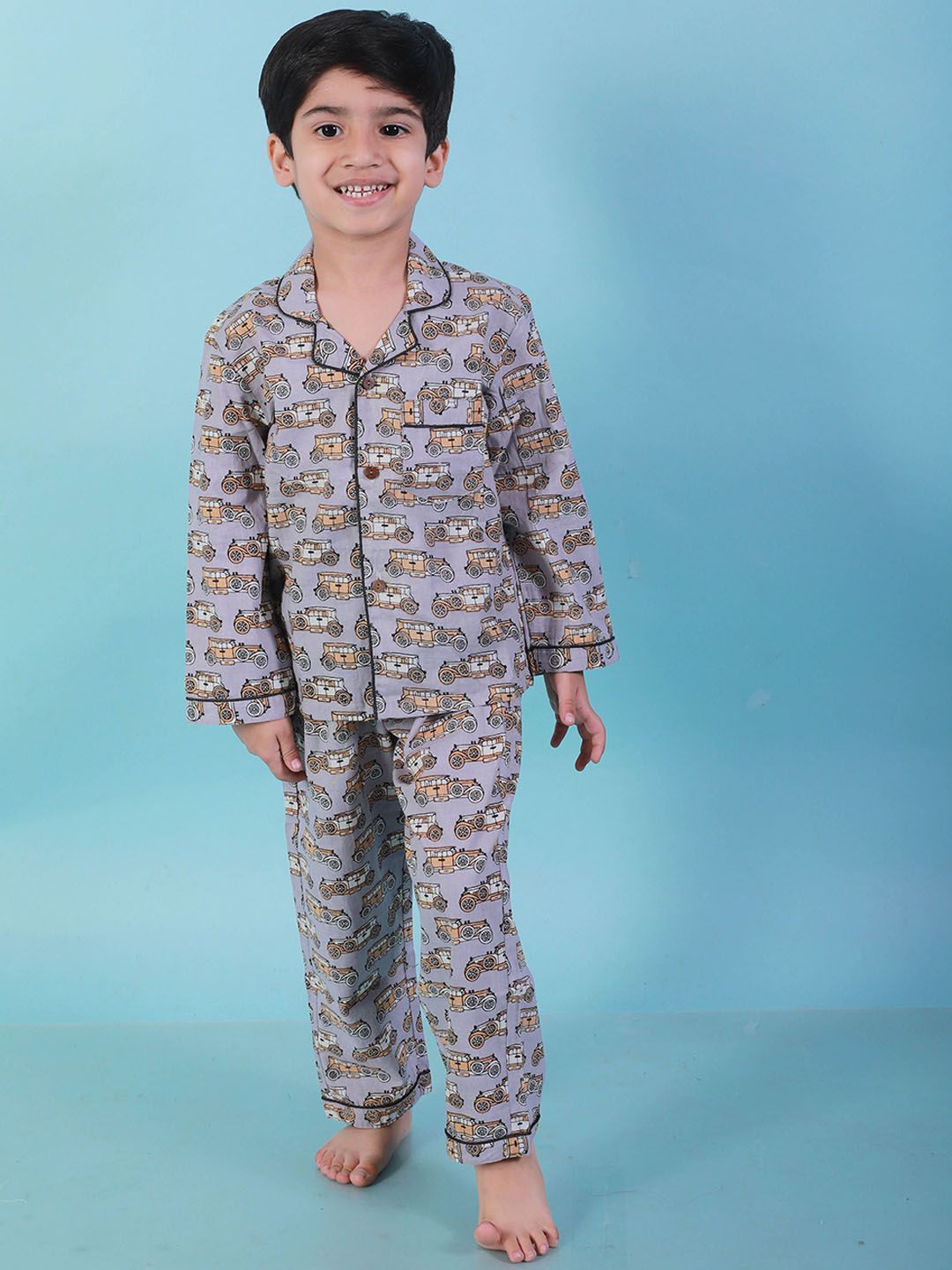 UNBIND Boys Conversational Printed Lapel Collar Pure Cotton Shirt With Pyjamas