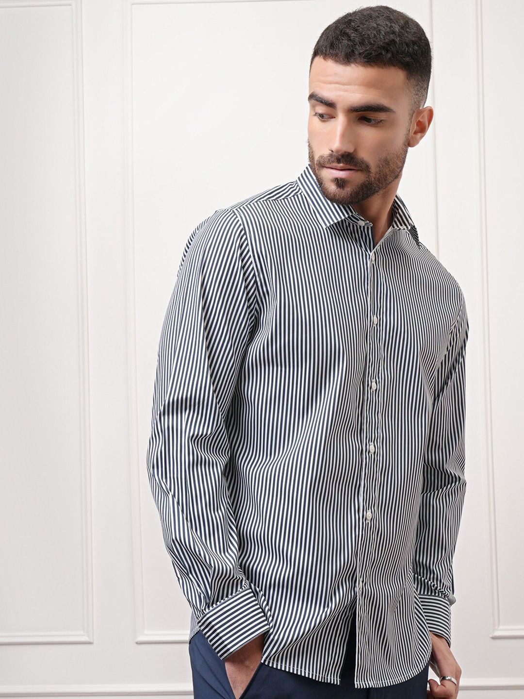 Buy LOCOMOTIVE Premium Slim Fit Cutaway Collar Striped Printed