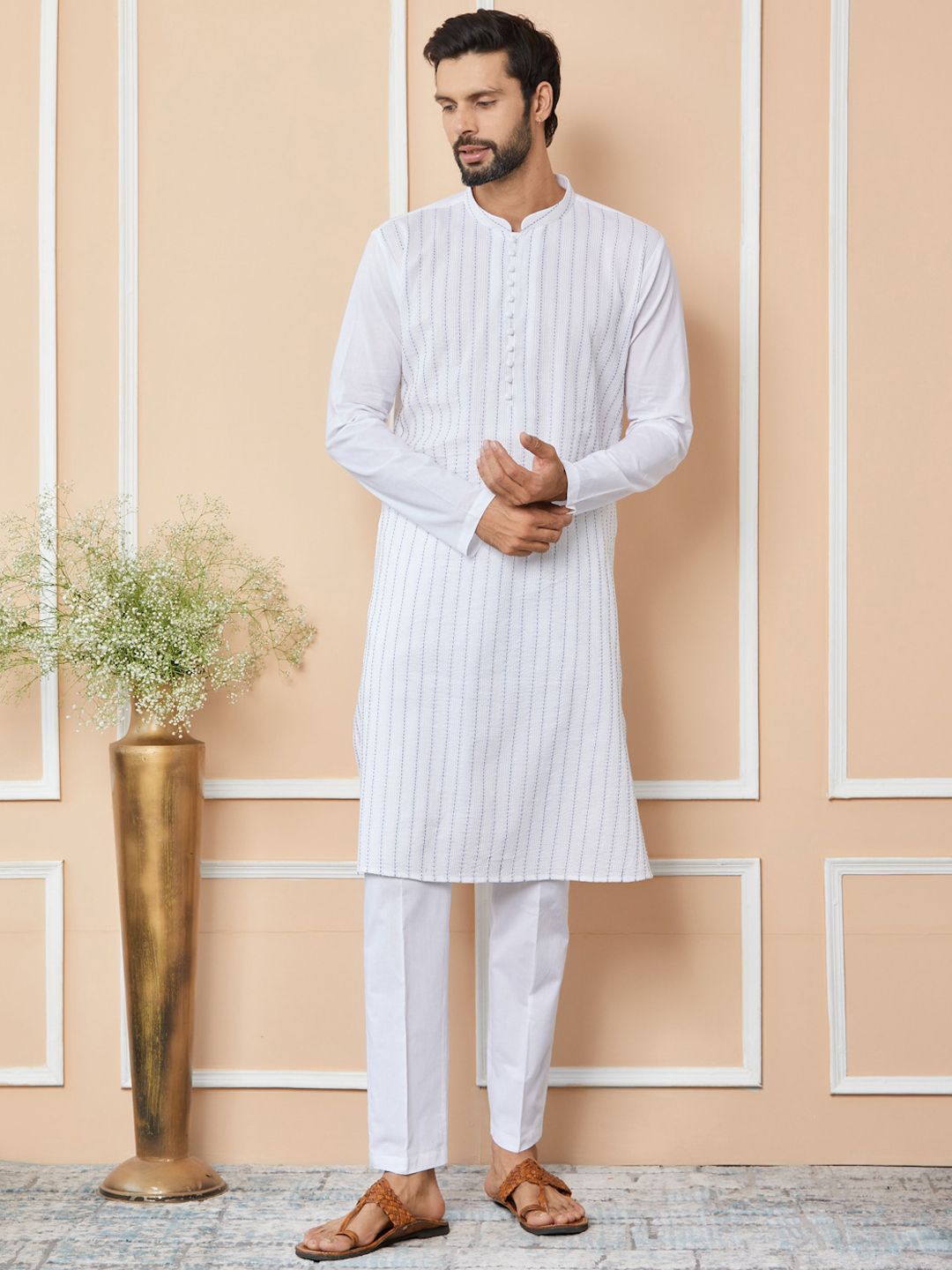 See Designs Men white Mandarin Collar Long Sleeves Thread Work Cotton Straight Kurta