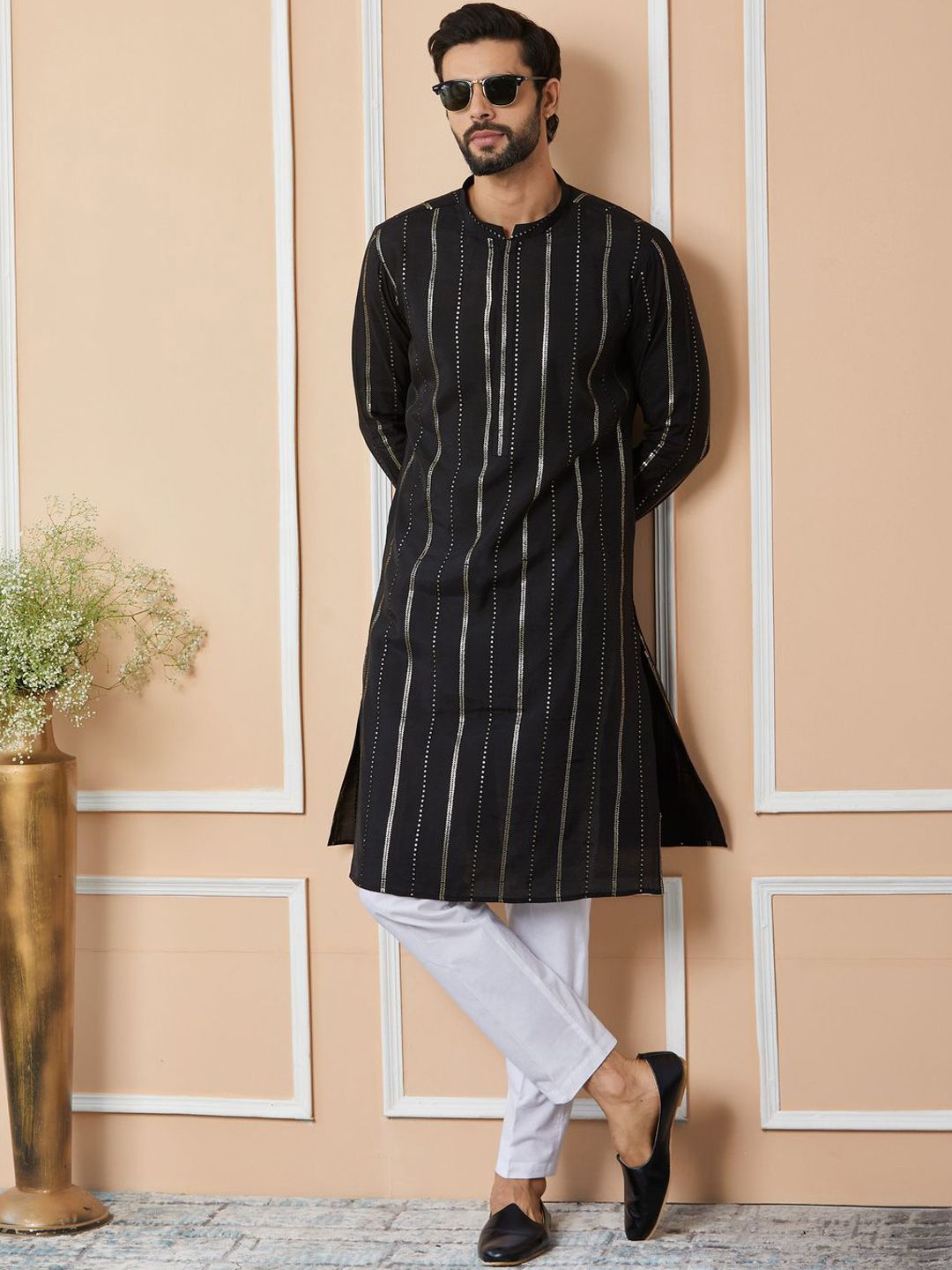 See Designs Striped Mandarin Collar Thread Work Chanderi Silk Kurta