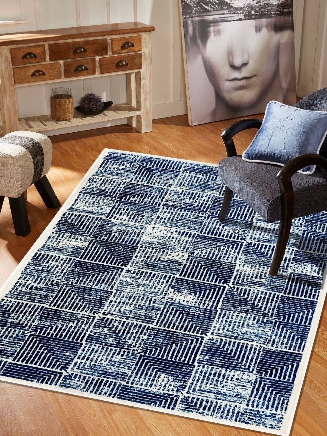 MODEFE MODEFE Blue & White Geometric Anti-Skid Rectangular Carpet