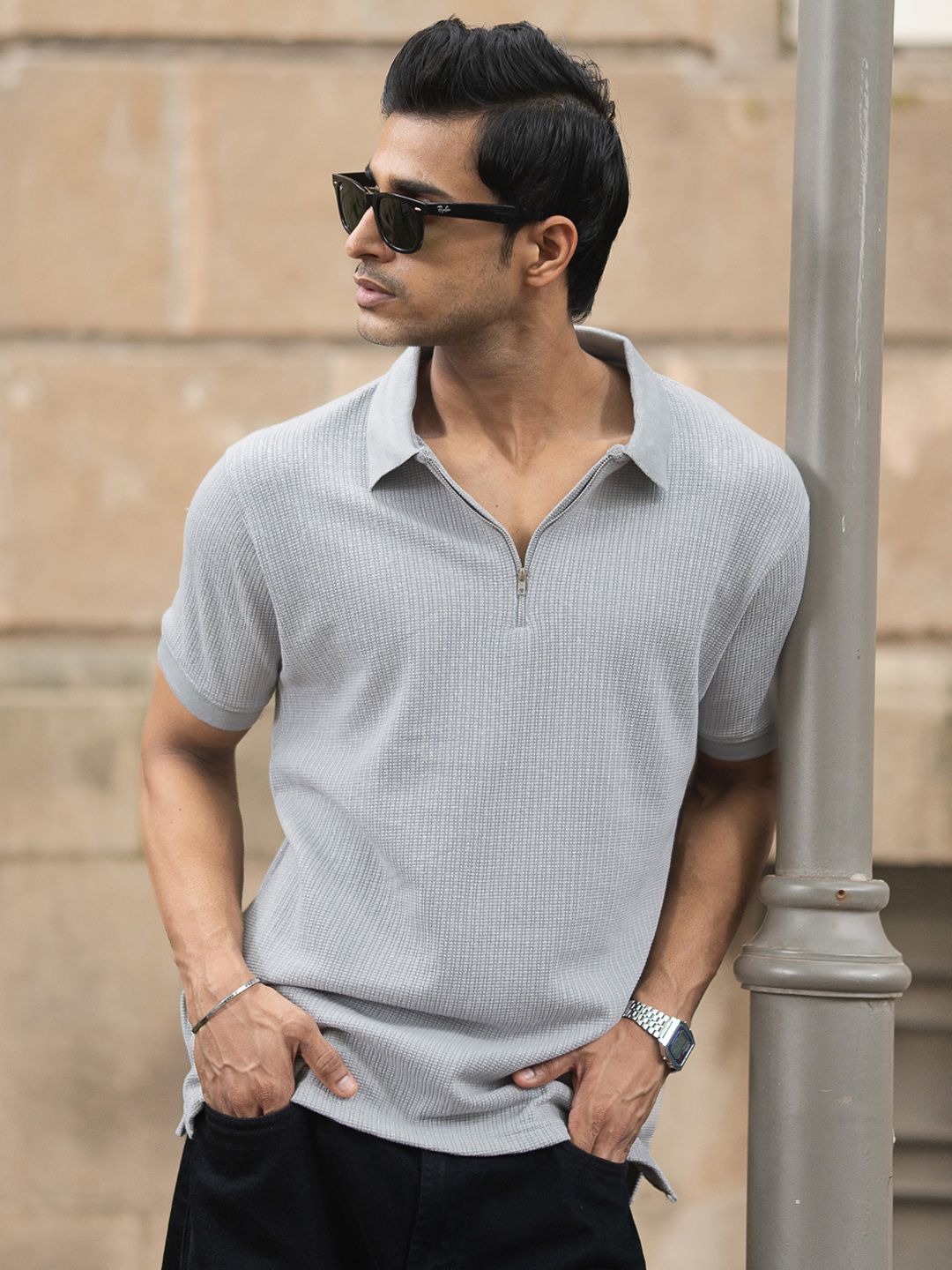 Powerlook Men Self Design Zip Closure T-shirt