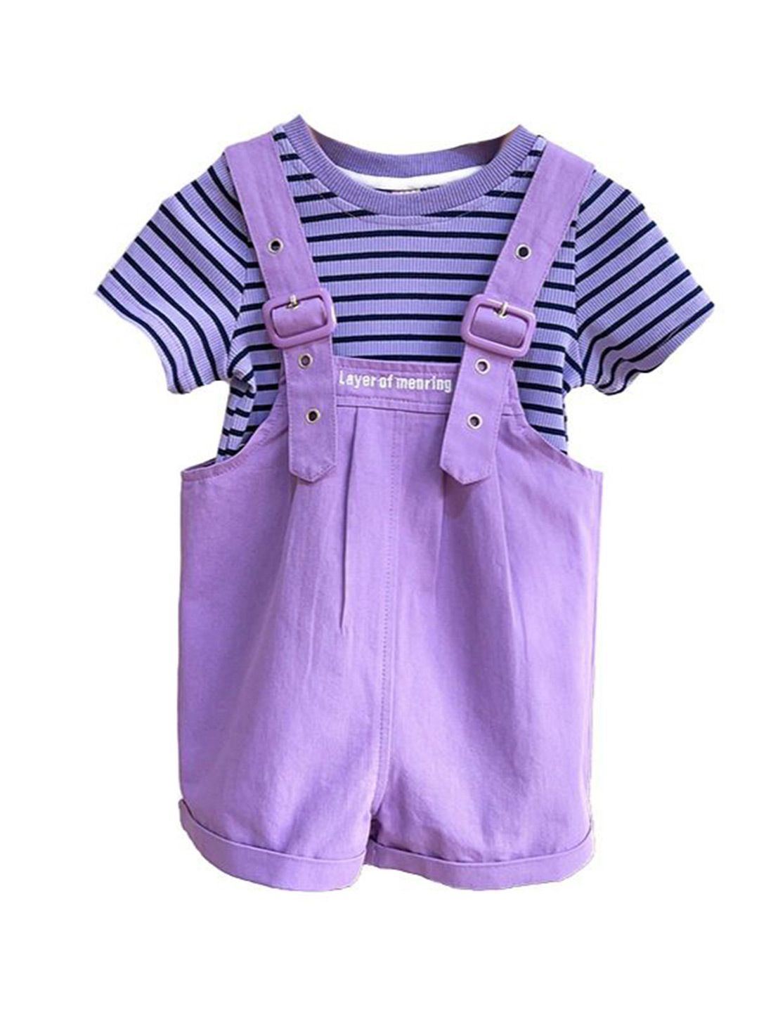 StyleCast x Revolte Girls Purple & Blue Striped Pure Cotton Top & Shorts With Suspenders