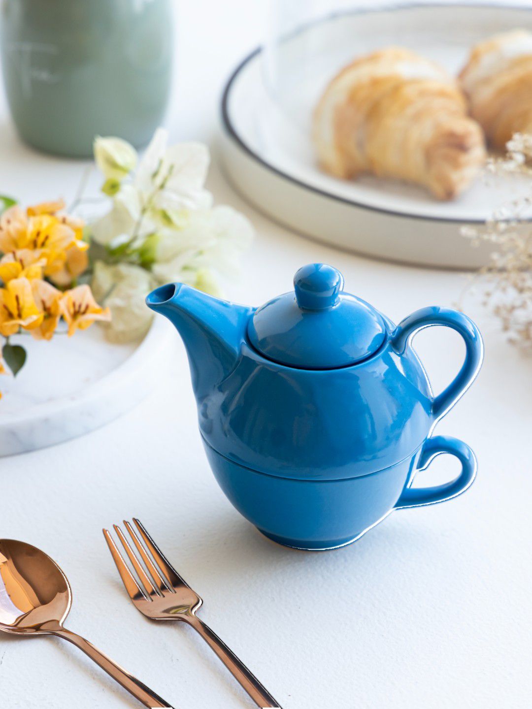 Claymistry Happy Anniversary Bhaiya Blue Ceramic Microwave Safe Kettle Set-300ml