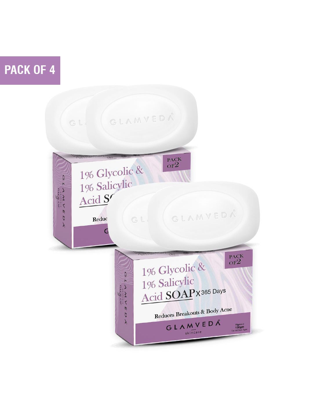 GLAMVEDA Set Of 4 Glycolic Acid & 1% Salicylic Acid Soap - 75g Each