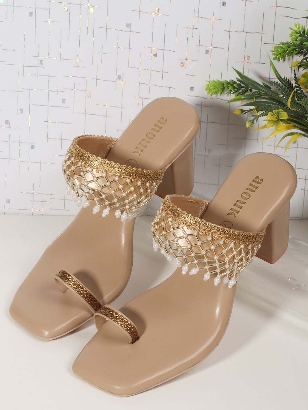 Anouk Beige Embellished Open Toe Block Heels