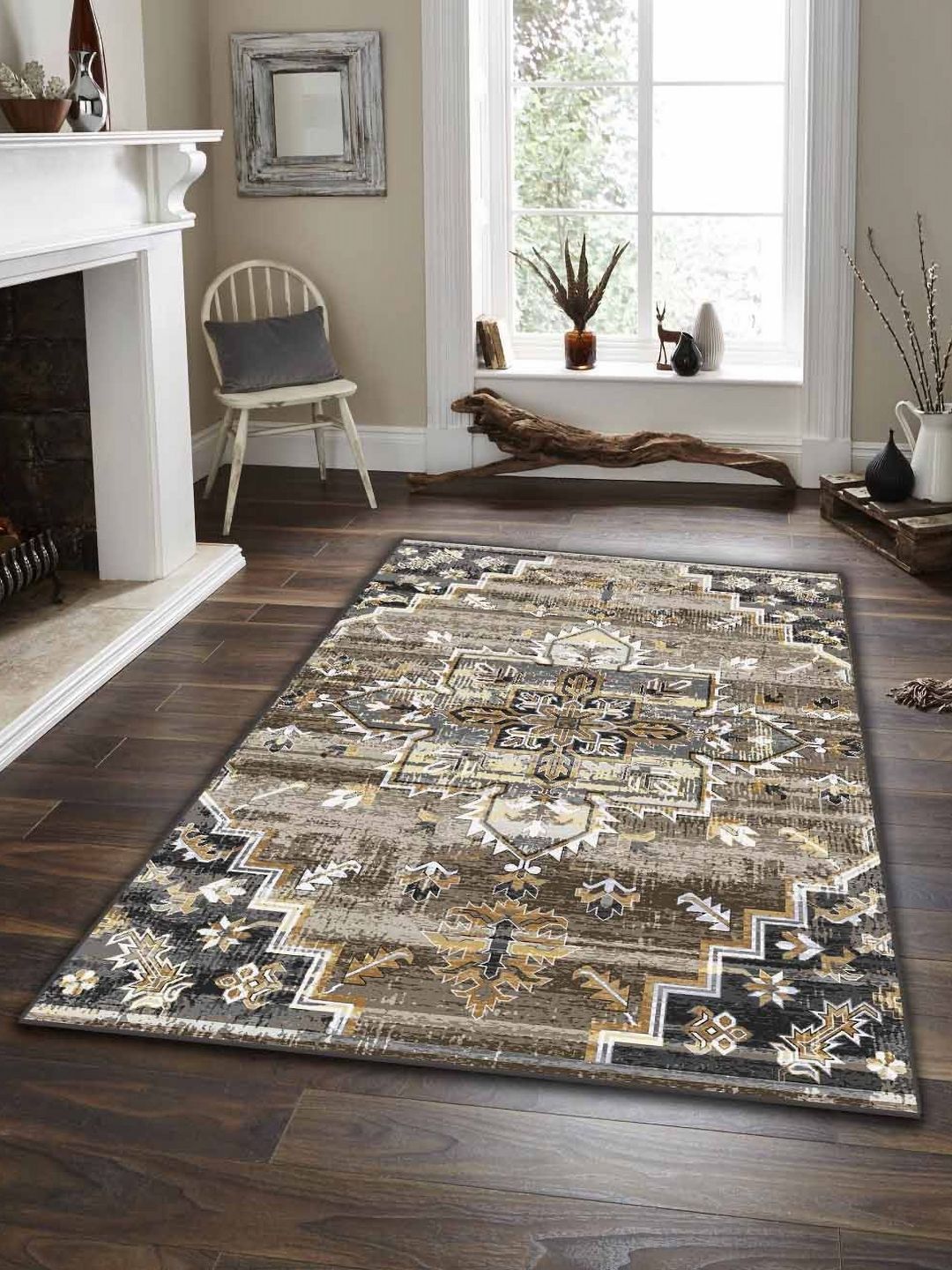 Sparrow world Yellow Bohemian Anti-Skid Polyester Carpet