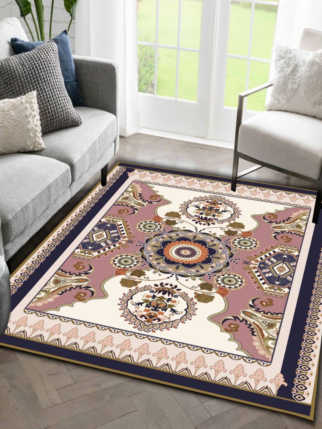 Sparrow world Blue Bohemian Anti-Skid Polyester Carpet