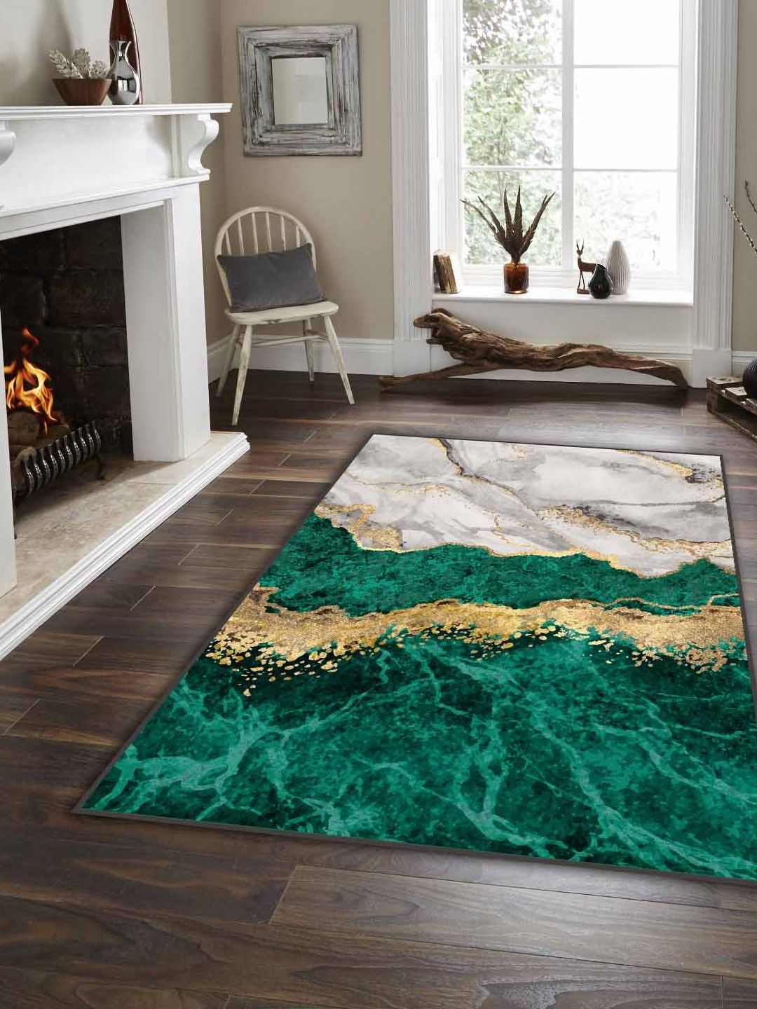 Sparrow world Green Bohemian Anti-Skid Polyester Carpet