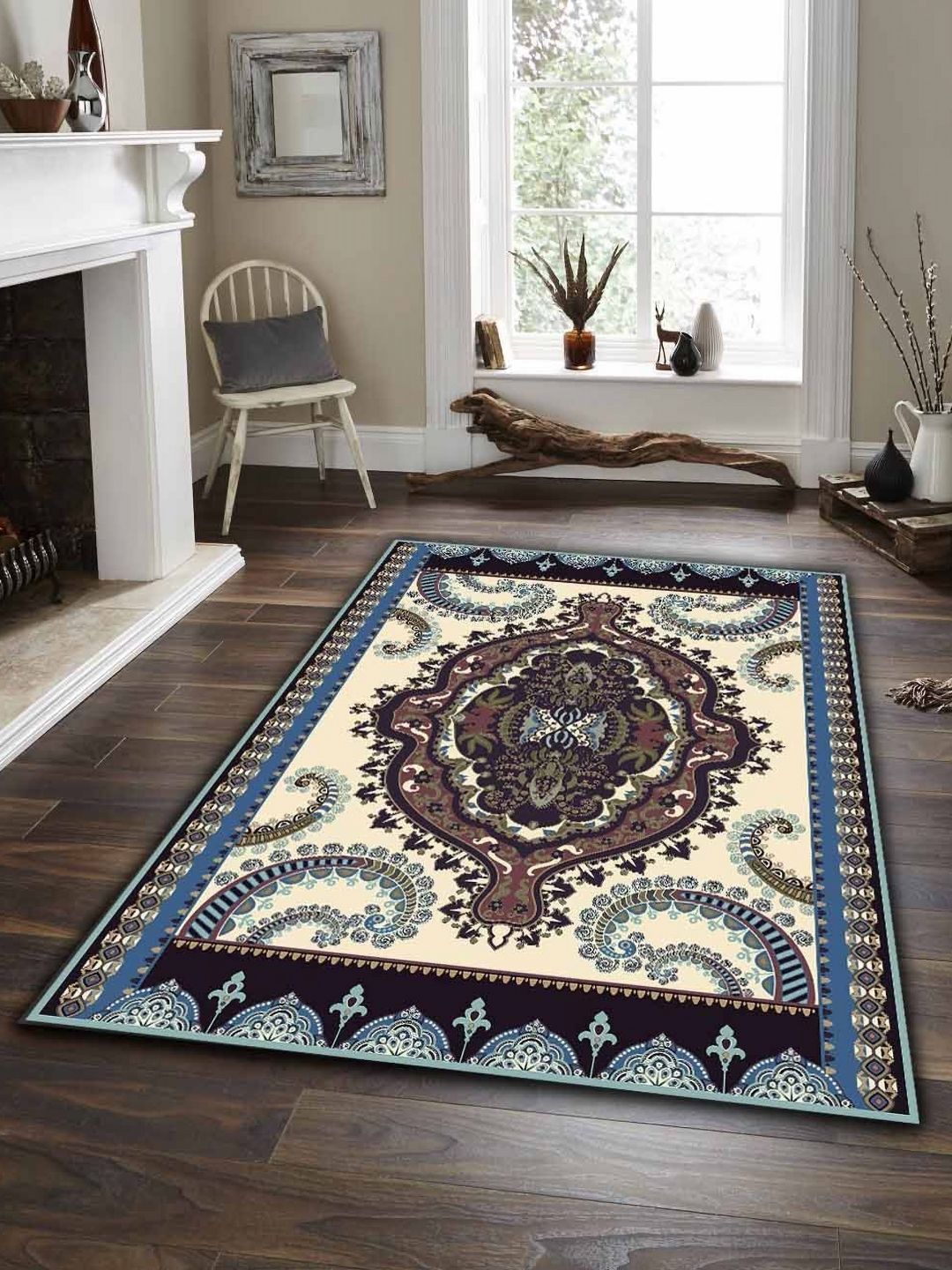 Sparrow world Grey Bohemian Anti-Skid Polyester Carpet