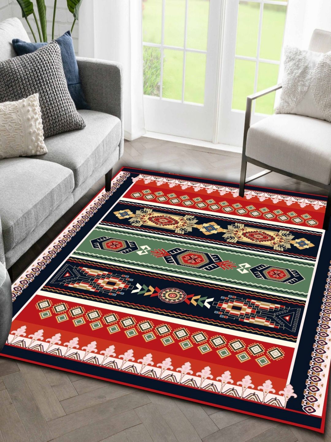 Sparrow world Blue Bohemian Anti-Skid Polyester Carpet