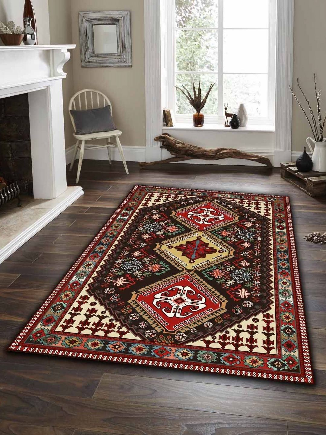 Sparrow world Peach-Coloured Bohemian Anti-Skid Polyester Carpet