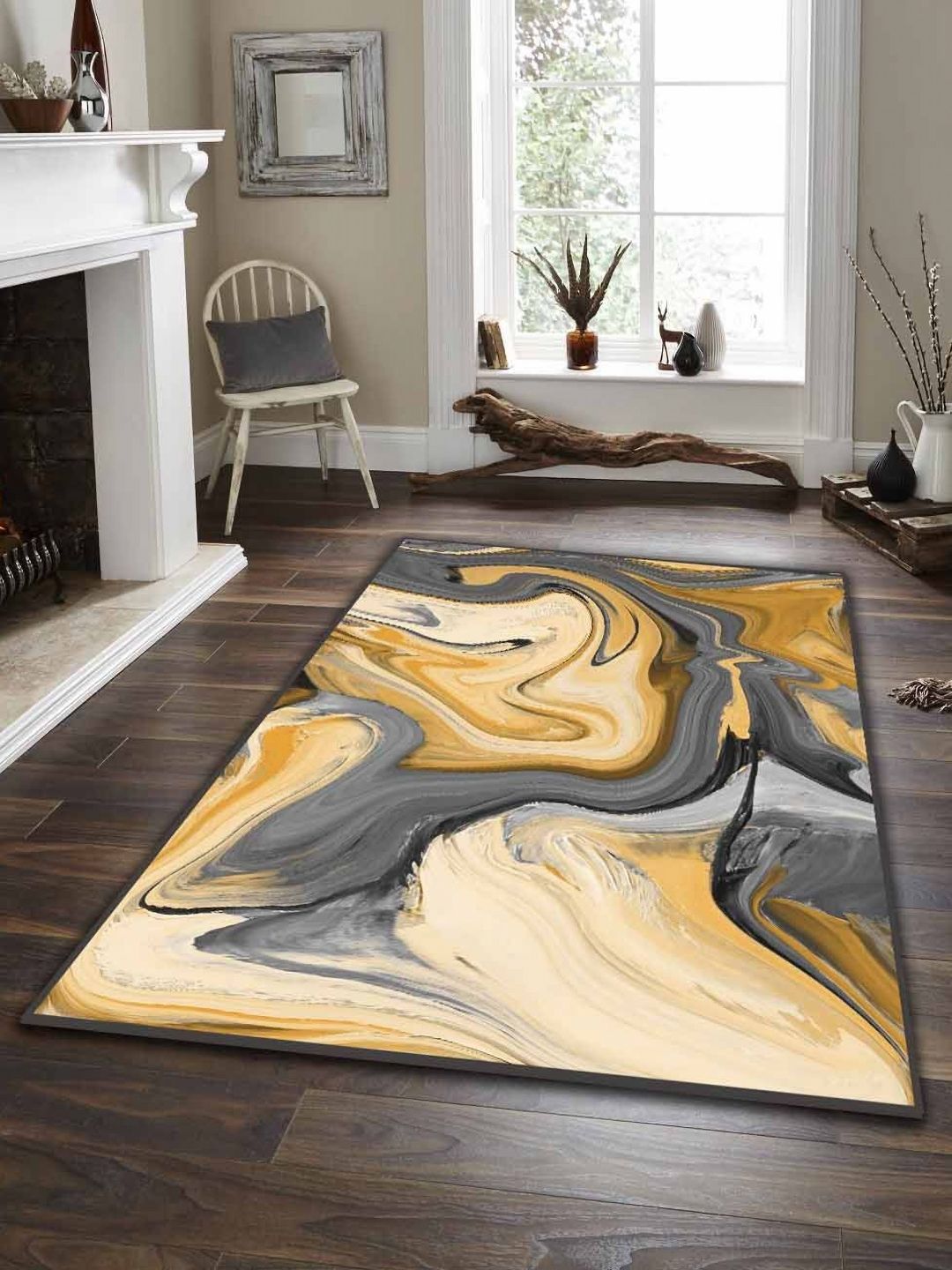 Sparrow world Yellow Bohemian Anti-Skid Polyester Carpet