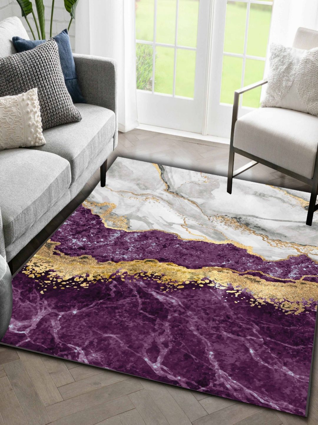 Sparrow world Purple Bohemian Anti-Skid Polyester Carpet