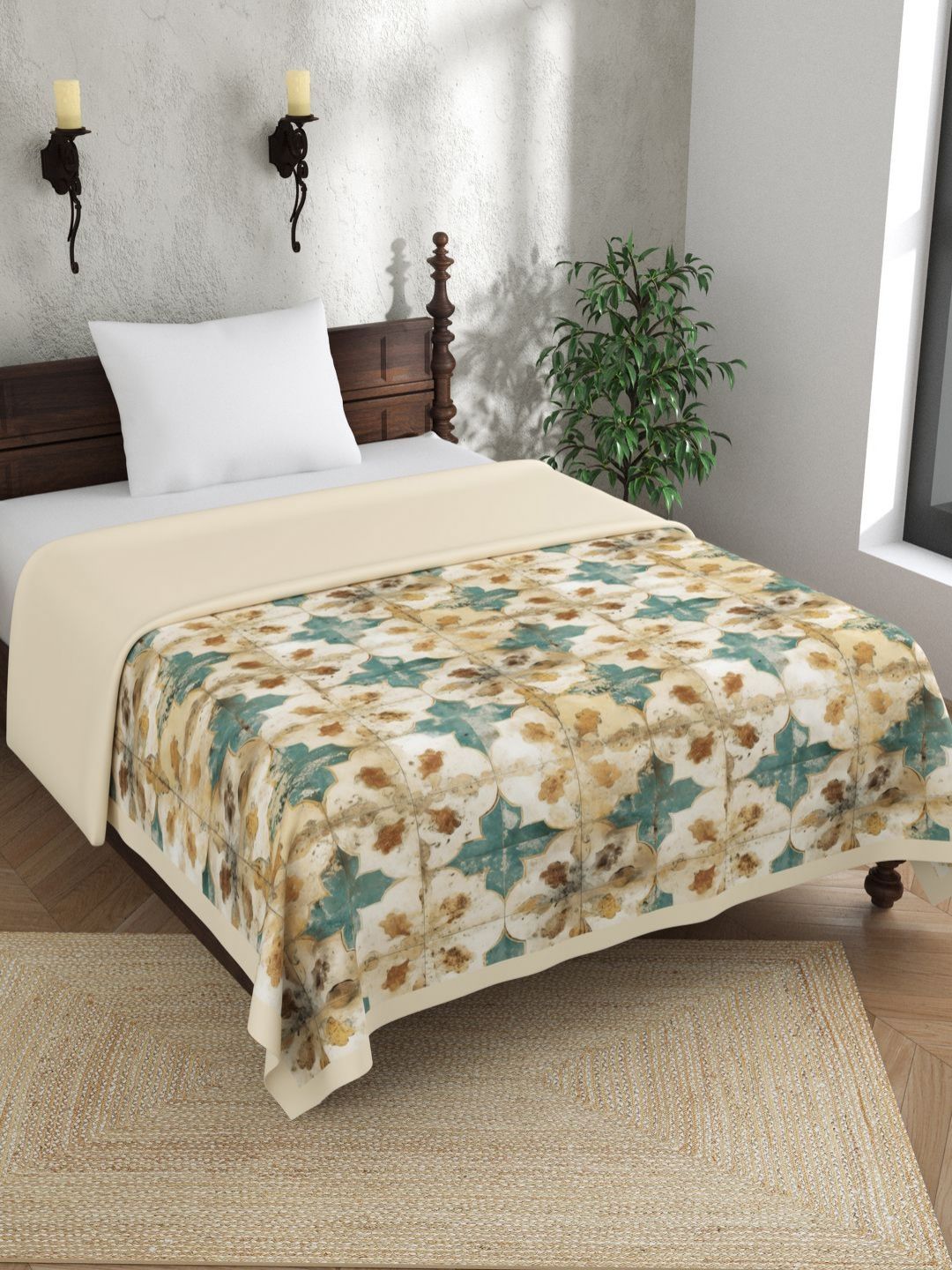 EverHOME Beige & Green Floral Cotton AC Room 150 GSM Single Bed Dohar