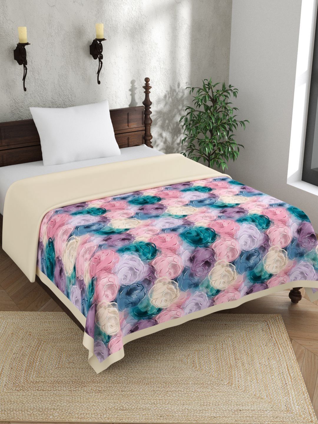 EverHOME Pink & Beige Floral Cotton AC Room 150 GSM Single Bed Dohar