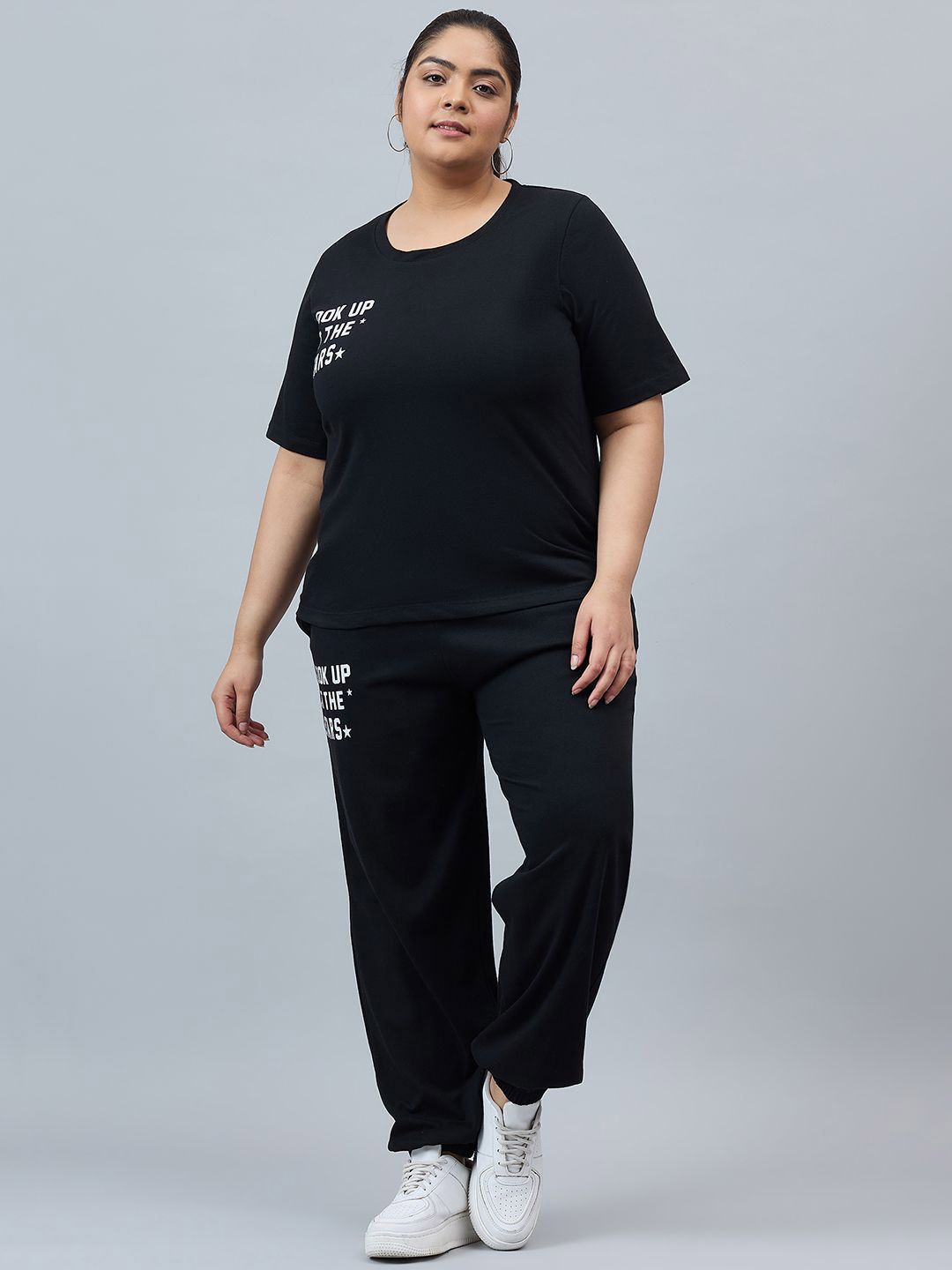AUSTIVO Plus Size Typography Printed Round Neck Short Sleeves T-Shirt With Joggers