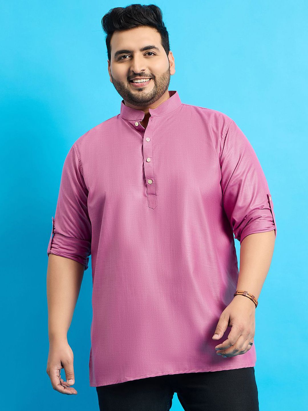 bigbanana Plus Size Solid Pink Mandarin Collar Thread Work Straight Short Kurta