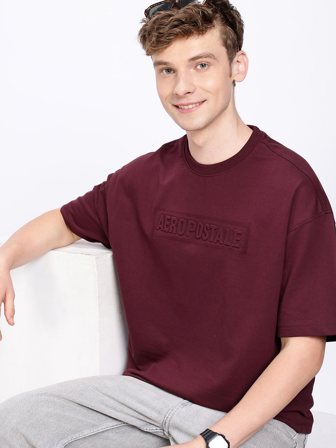 Aeropostale Brand Logo Embossed Drop-Shoulder Sleeves Relaxed Fit T-shirt