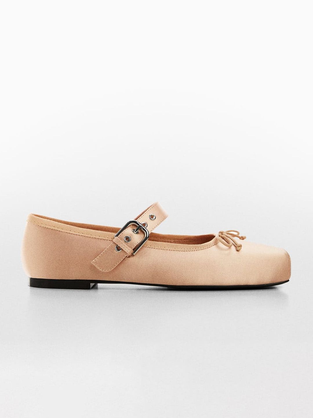 MANGO Women Buckle-Detail Square-Toe Satin Finish Mary Jane Ballet Shoes