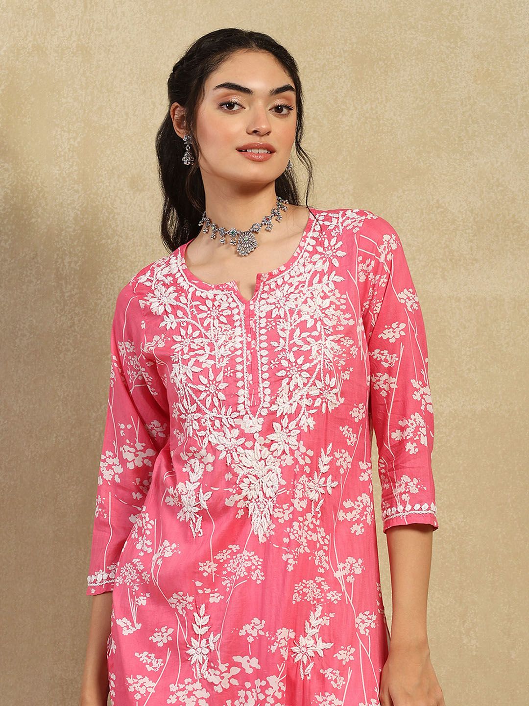 Women Chikankari Kurta House of Chikankari Women Pink Mulmul Chikankari Embroidered Kurta