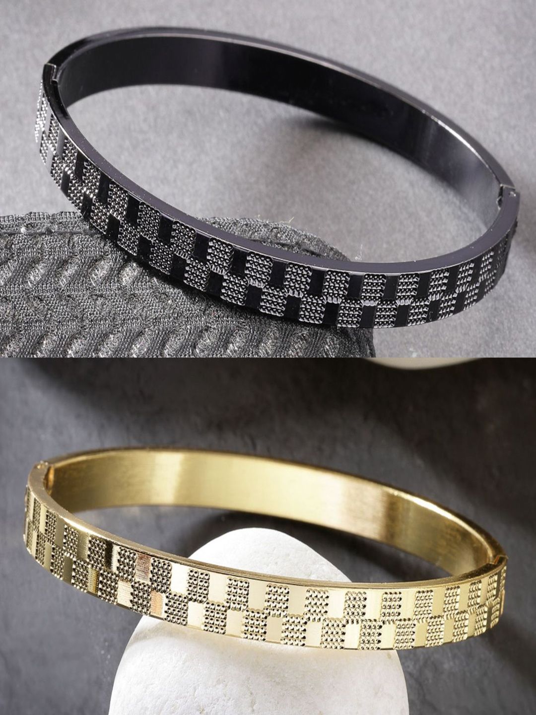 NVR Men Set of 2 Rhodium Plated Stainless Steel Kada Bracelet