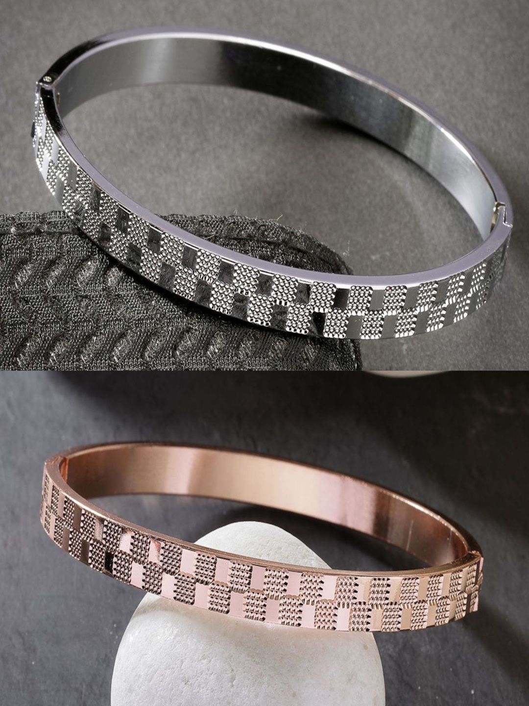 NVR Men Set of 2 Rhodium-Plated Stainless Steel Kada Bracelets