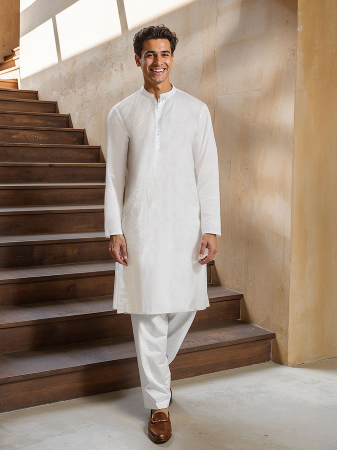 KINGDOM OF WHITE Men Pure Cotton Knee Length Collar Kurta
